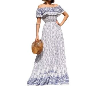Dress Day Womens Blue White Geometric‎ Paisley Off Shoulder Ruffle Maxi Dress M